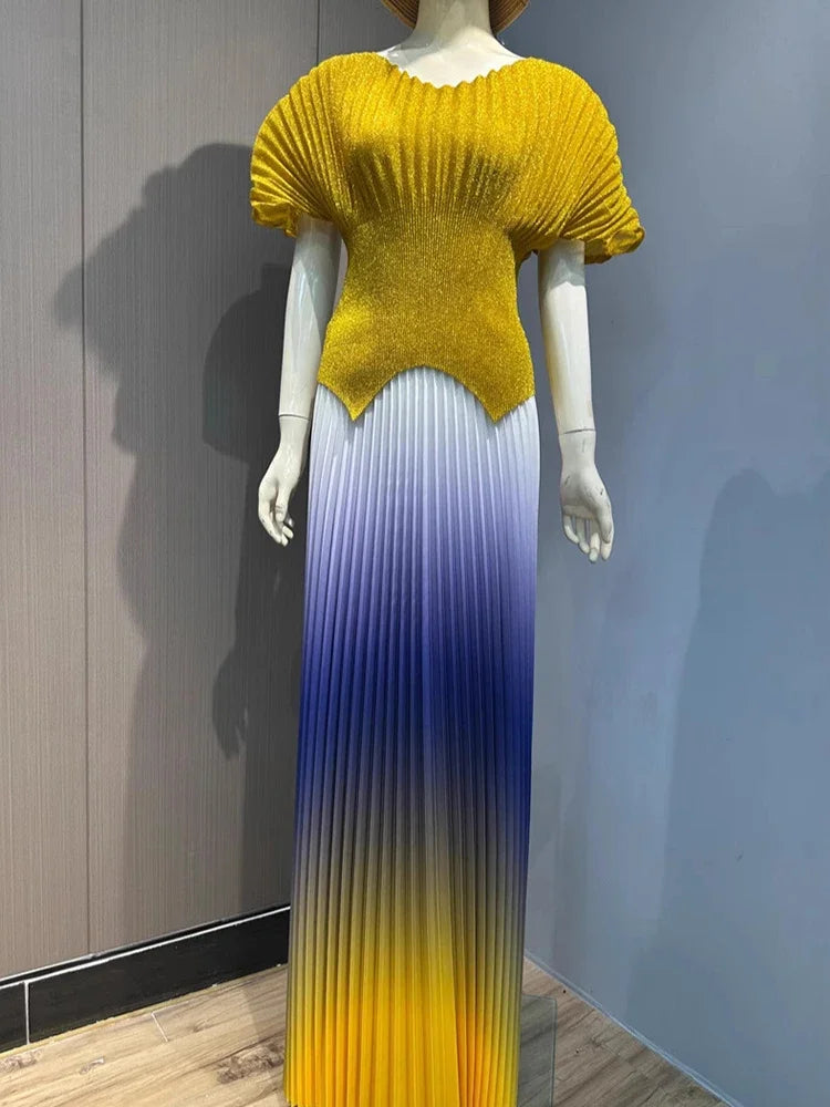 ANLAN Pleated 2 Pieces Set Women Fashion V Neck Short Batwing Sleeves Irregular Hem T-shirt&New Gradient A-line Folds Long Skirt