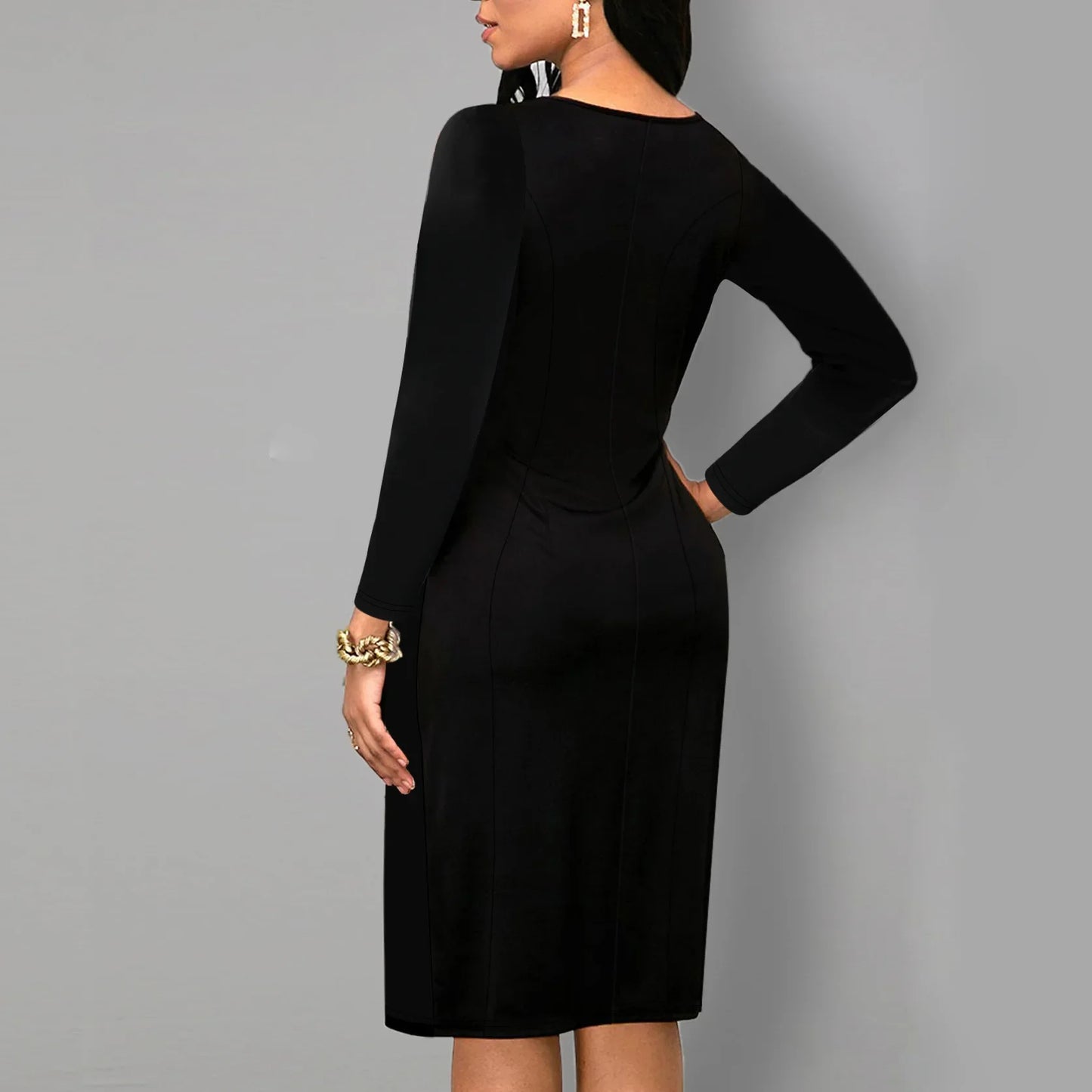 Plus Size Elegant Zipper PU Leather V-Neck Midi Long Sleeve Bodycon Dress Women's plus Size Dress Fashionable Cross-Border Gown