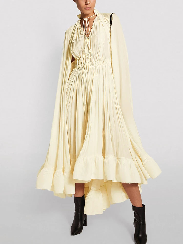 TWOTWINSTYLE Elegant Solid Dresses For Women V Neck Cloak Sleeves High Waist Spliced Lace Up Ruffles Pleated Dress Female Summer