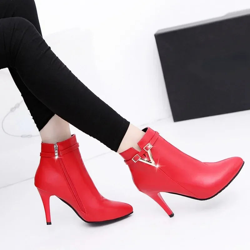 Botas Mujer Invierno Autumn Stiletto Thin High Heels Woman Pointed Toe Pu Leather Zipper Sexy Ankle Women Boot Botines Chelsea8