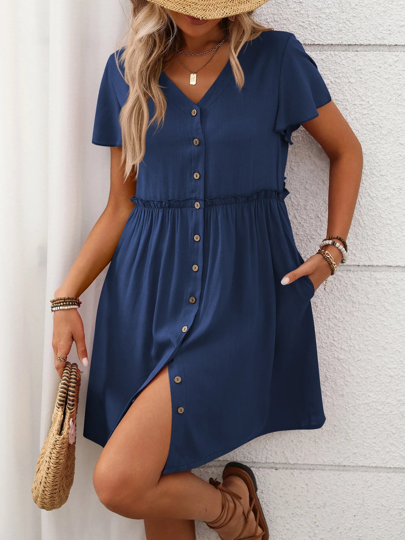 Spring Summer Button Down Dress Flutter Sleeve Cotton Linen A Line Dress With Pockets Beach Summer Knee Length Dresses For Women