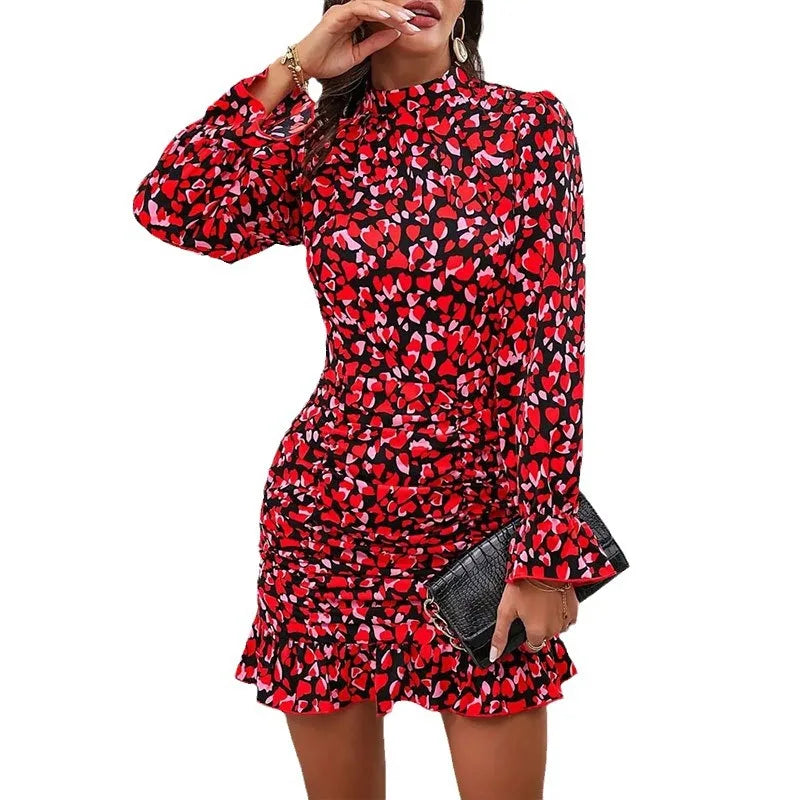 Spring And Autumn Women's Fashionable Red Mini Dress With Elegant Printed Pleated Long Sleeved Stand Up Collar Ruffle Edge Dress