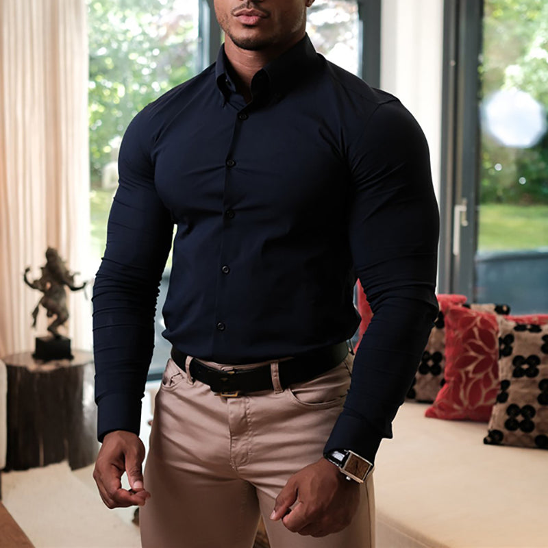 Spring Autumn New Fashion Long Sleeve Shirt Mens Super Slim Fit Luxury Classic Turn-down Single Breasted Business Dress Shirt