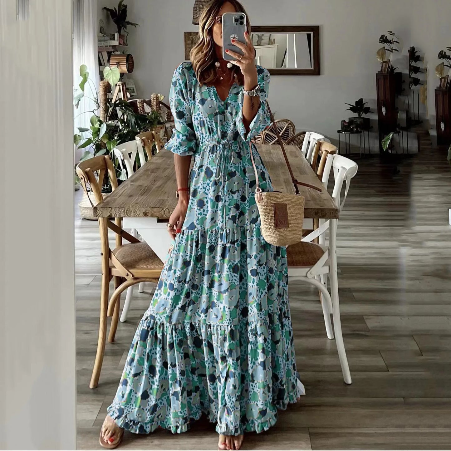 Spring Autumn Flower Print Long Dresses For Women Casual Holiday A-line Beach Dress Fashion Elegant Bohemian Style Maxi Vestidos