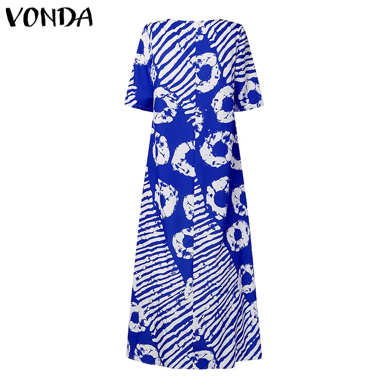Plus Size VONDA Women Summer Party Maxi Dress Bohemian Printed Long Sundress Beach Vestidos 2025 Half Sleeve Casual Loose Robe