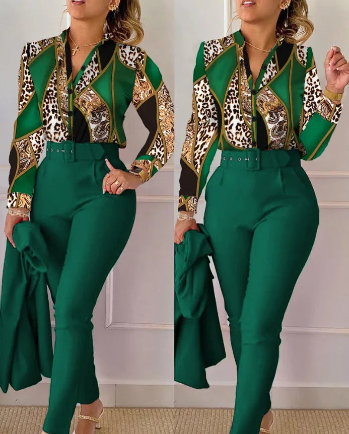 Women's Elegant Autumn/Winter Printed V-Neck Long Sleeve Button Shirt Top Fashion Solid Color Long Pants 2 Piece Set With Belt