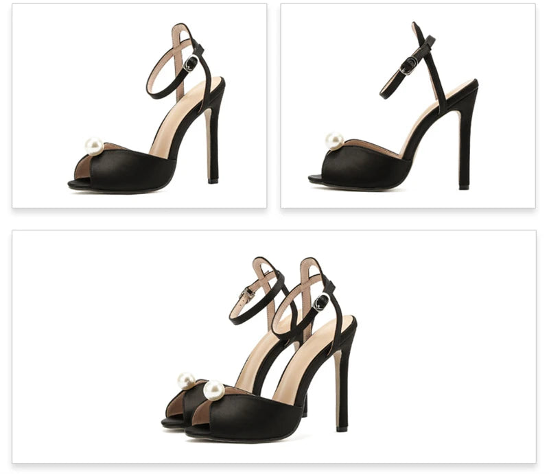 Liyke High Quality Cozy Silk Peep Toe 11CM Thin Heels Gladiator Sandals Women Fashion Pearl Designer Shoes Ankle Strap Sandalias
