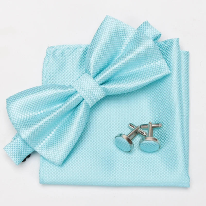 Multicolor Bowtie Pocket Square Cufflinks Sets Classic Solid Color Bowtie Wedding Party Formal Gift Plaids Adjust Neck Bow Tie