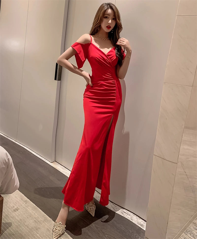 Spring Women Red Evening Party Dresses Short Sleeve V Neck Fit And Flare Long Maxi Summer Dress Lady Prom Gown Robe Longue Femme