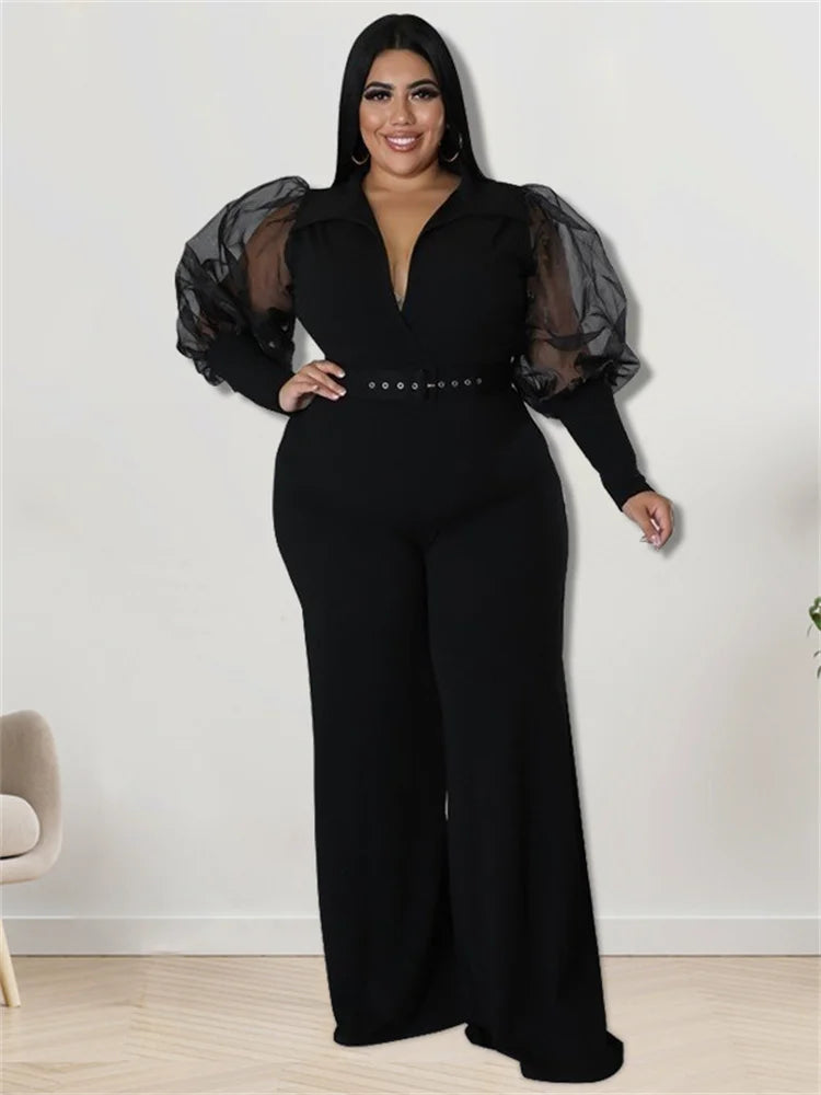 Wmstar Jumpsuit Plus Size Women Clothes V Neck with Belt Single Mesh Sleeve Elegant Bodysuit Office Lady