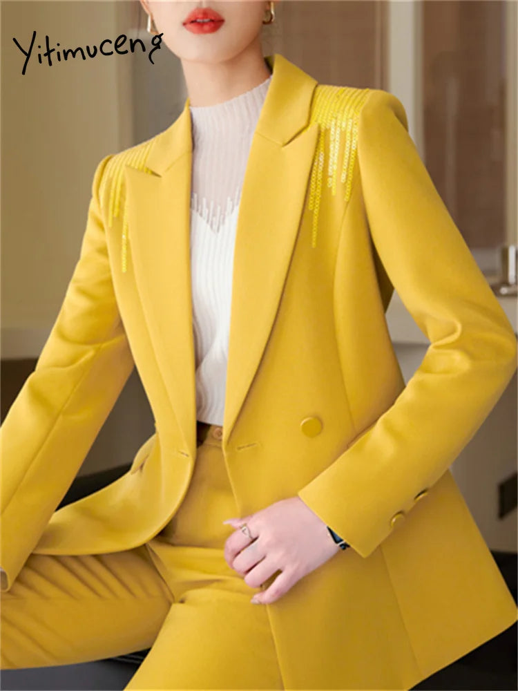 Yitimuceng Solid Office Wear Women 2 Piece Sets 2025 New Fashion Sequins Long Sleeve Blazers Chic High Waist Flare Pants Suits