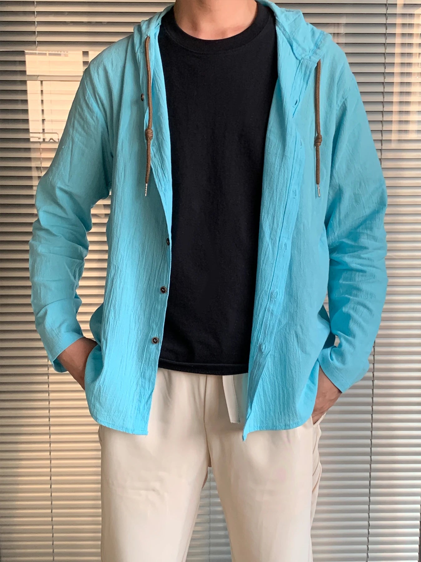 Summer Men's Linen Shirt Solid Streetwear Long Sleeve Hoodie Cardigan Clothing For Men Button Tops Casual Loose Men Hooded Shirt