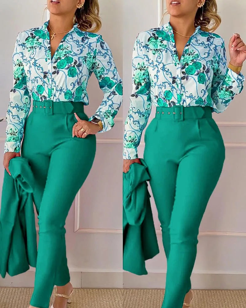 Women's Elegant Autumn/Winter Printed V-Neck Long Sleeve Button Shirt Top Fashion Solid Color Long Pants 2 Piece Set With Belt