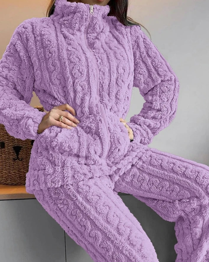 Thickened Warm 2Pcs Pajamas Set Jacquard Textured Stand Collar Zip Up Fuzzy Teddy Top & Pants Set Striped Nightwear Loungewear