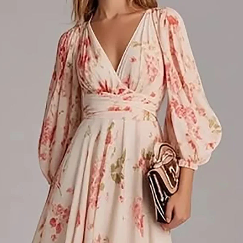 Spring Women V Nec Floral Print Long Sleeve Party Dress Ladies Commute A-Line Pullover Pleated Dress Vestidos Bohemian Dress 202