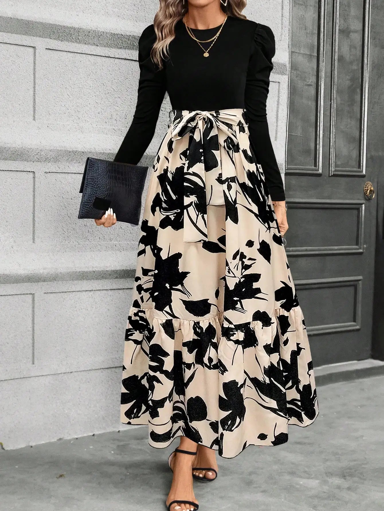 Spring and summer color combination high-waisted flower print dress woman elegant