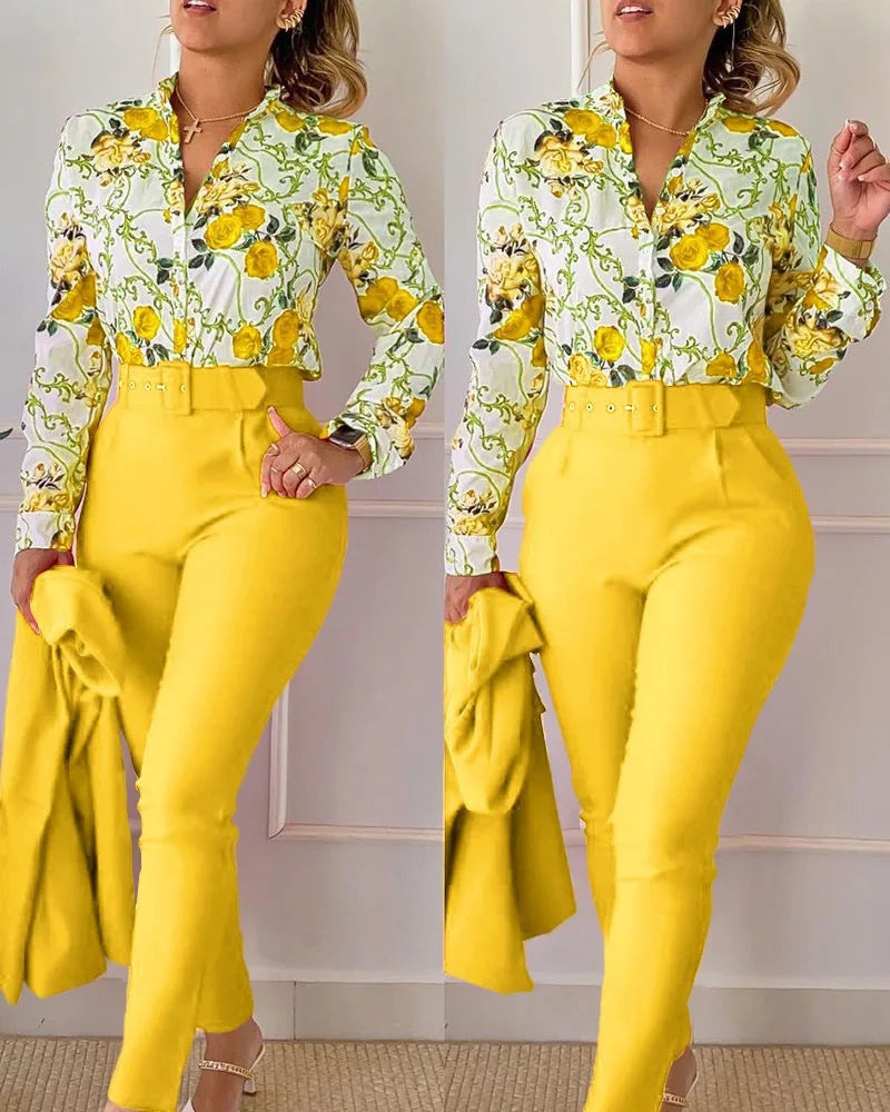 Women's Elegant Autumn/Winter Printed V-Neck Long Sleeve Button Shirt Top Fashion Solid Color Long Pants 2 Piece Set With Belt