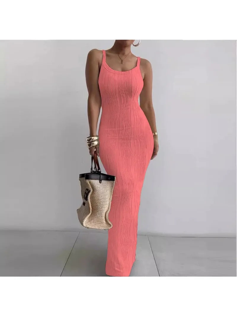 Mandylandy Tight Sexy Bodycon Dress Women Summer Slim Fits High Waist Camis Sleeveless Dress High Waist Skinny Long Dresses