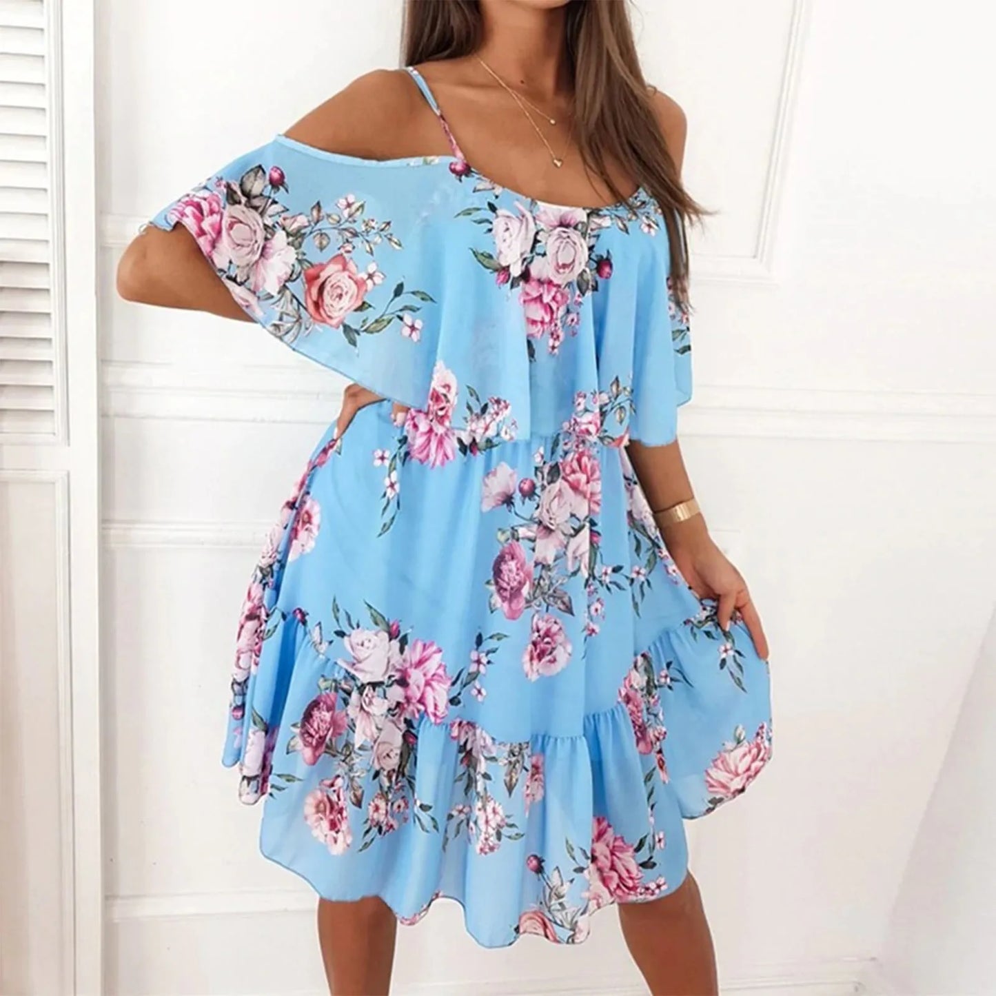 Women'S Spring/Summer New 2024 European And American Chiffon Printing Sexy Off Shoulder Strap Large Swing Ruffle Edge Dress