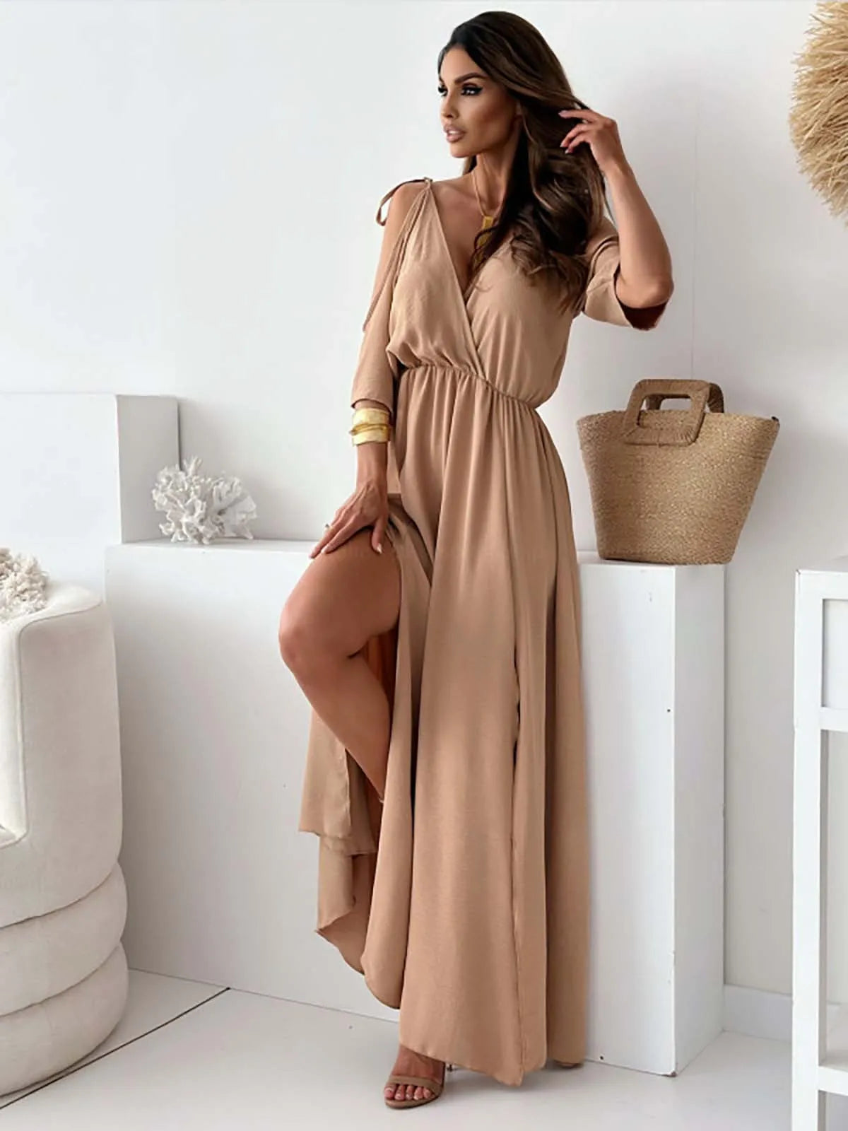 Spring New Women Dress Short Sleeve Elegant Sexy Deep V-neck Hollow Out Solid Color Slit Hem Slim Dresses 2025 Vestidos For Lady
