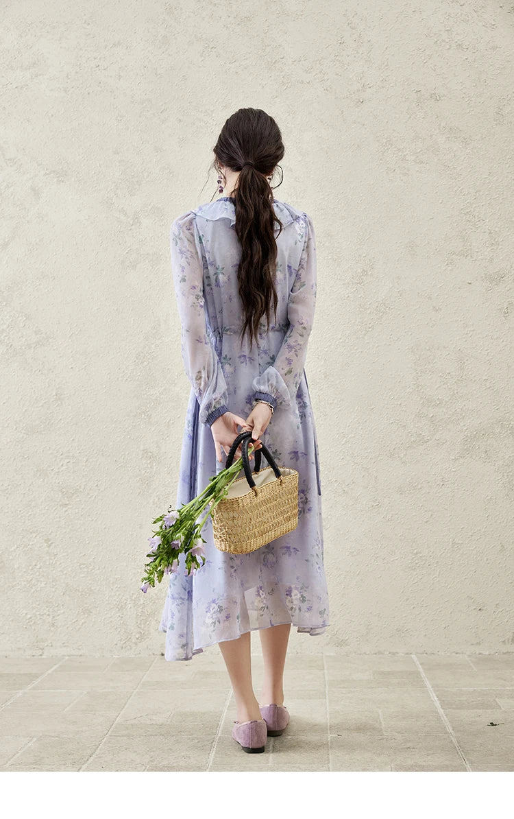 MISHOW Print Spring Summer Dress for Women New 2025 Ruffled V-neck Long Sleeve Blue French Dresses Female Fashion MXE15L2139