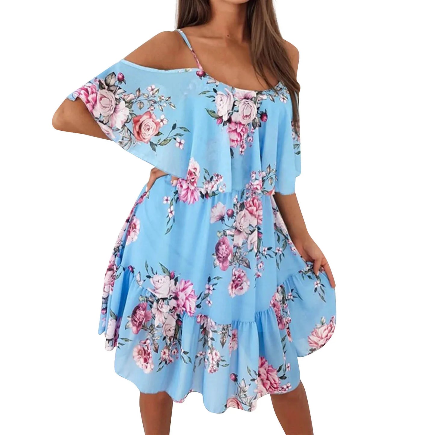 Women'S Spring/Summer New 2024 European And American Chiffon Printing Sexy Off Shoulder Strap Large Swing Ruffle Edge Dress