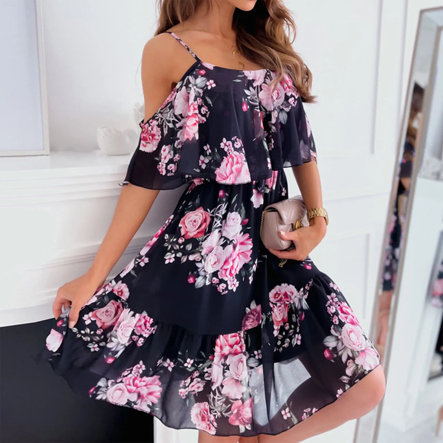 Women'S Spring/Summer New 2024 European And American Chiffon Printing Sexy Off Shoulder Strap Large Swing Ruffle Edge Dress