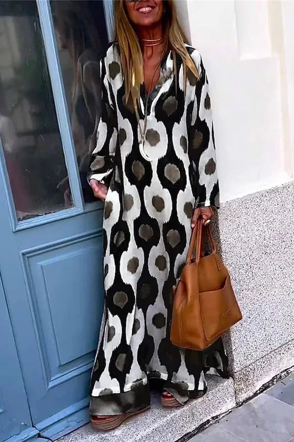 Spring Autumn Casual V Neck Long Sleeve Dress Women Fashion Geometric Printing Split Maxi Dresses Holiday Beach Boho Dress 2024