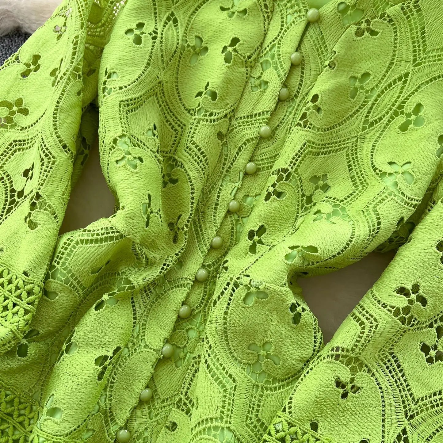 Spring French Vacation Fashion Dress Women Buttons Hook Flower Hollow Out Design 2025 High Quality Lace Ruffles Long Dress