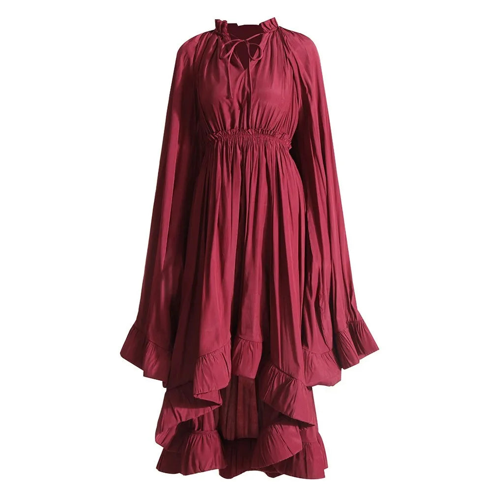 TWOTWINSTYLE Elegant Solid Dresses For Women V Neck Cloak Sleeves High Waist Spliced Lace Up Ruffles Pleated Dress Female Summer