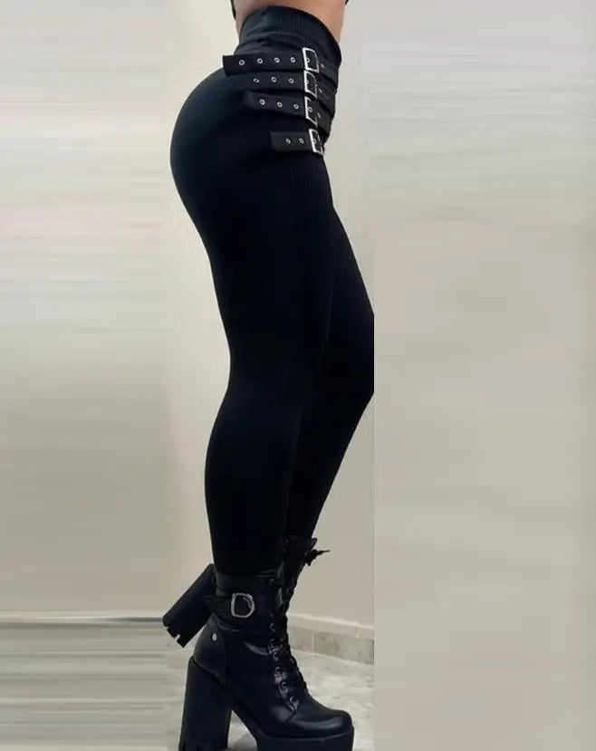 Black Buckle Cool Sasa Style Elastic High Waisted Women's Casual Tight Pants 2025 Summer New Solid Color Cropped Pants
