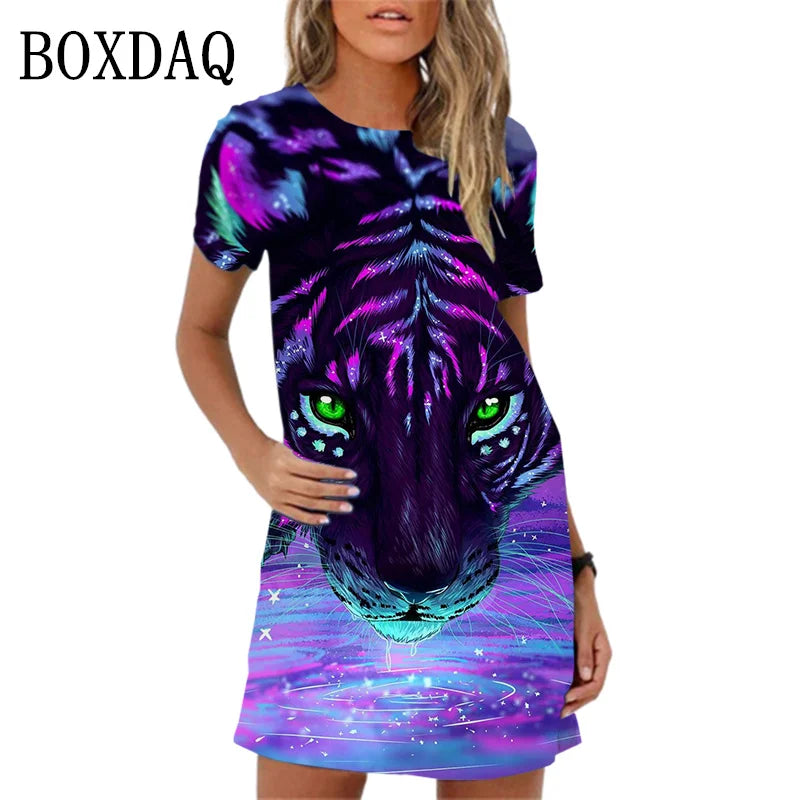 2024 New Spring Women Dresses Fashion Tiger Pattern Printing Short Sleeve Dress Summer Casual Oversized A-Line Mini Dress Womans