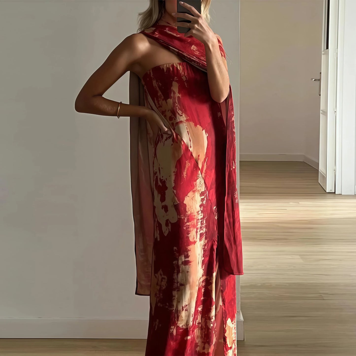 Spring Elegant Print Shawl Collar Holidays Dress Women Sexy Strapless Split Long Dress Summer Sleeveless Slim Party Maxi Dresses