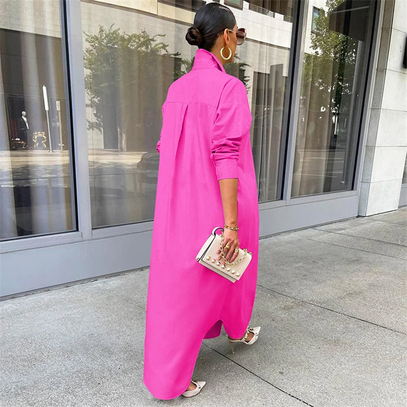 Spring Summer Long Sleeve Shirt Dress Women Turn-down Collar Button Up Straight Maxi Dress Loose Casual Long Dresses Vestidos