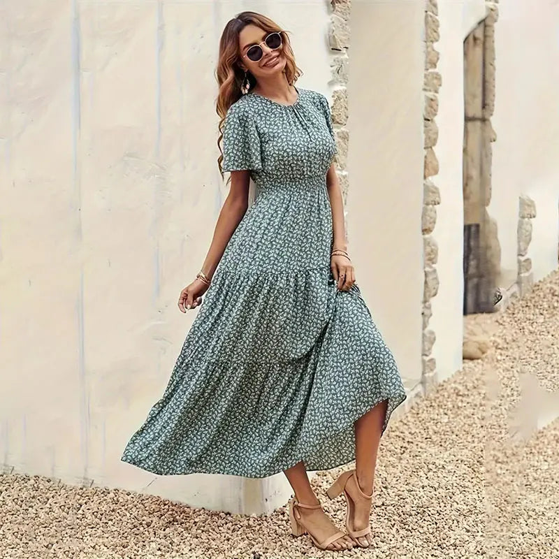 Spring Summer Tierred Dress Women Midi Dresses Female Short Sleeve Elastic Waist Printed Floral Pleated Backless Casual Dress