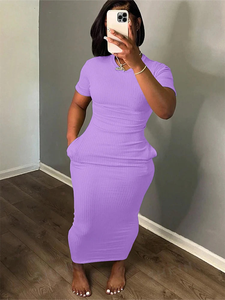 Plus Size 2024 Summer New Round Neck Short Sleeve Slim Hottie Ladies' Stylish Summer Solid Versatile Bodycon Dress