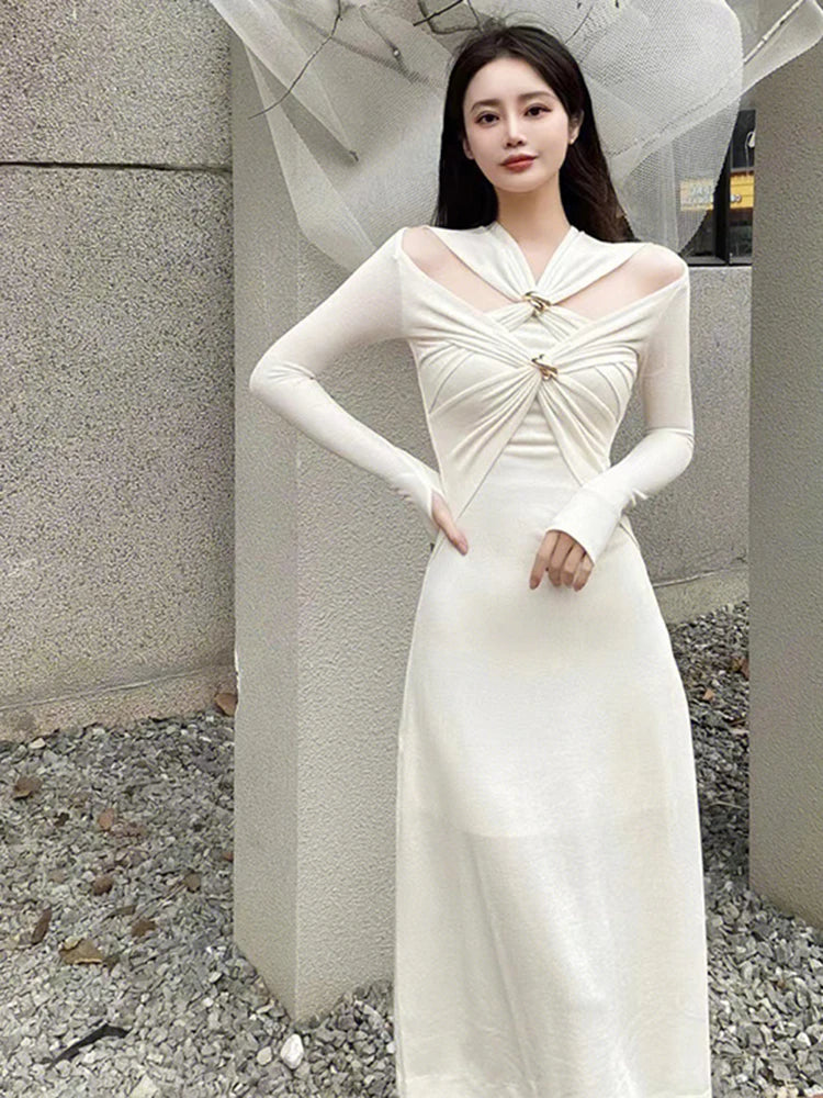 TWOTWINSTYLE Knitting White Dresses For Women V Neck Long Sleeve High Waist Hollow Out Slim Dress Female Summer 2023 Clothing