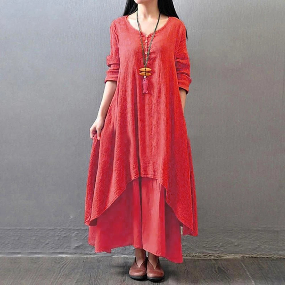Anself Spring Fashion Women Casual Loose Dress Solid Color Long Sleeve Oversized Ladies Dresses Plus Size Boho Long Maxi Dress