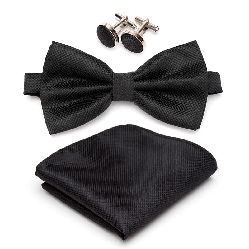 Multicolor Bowtie Pocket Square Cufflinks Sets Classic Solid Color Bowtie Wedding Party Formal Gift Plaids Adjust Neck Bow Tie