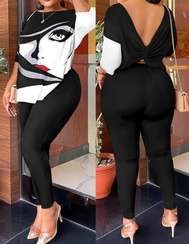 New Fashion 2023 Summer Casual Womens Two Piece Sets Outfit Tie Dye Print Twisted Backless Top & Pants Set Sexy Female Suit