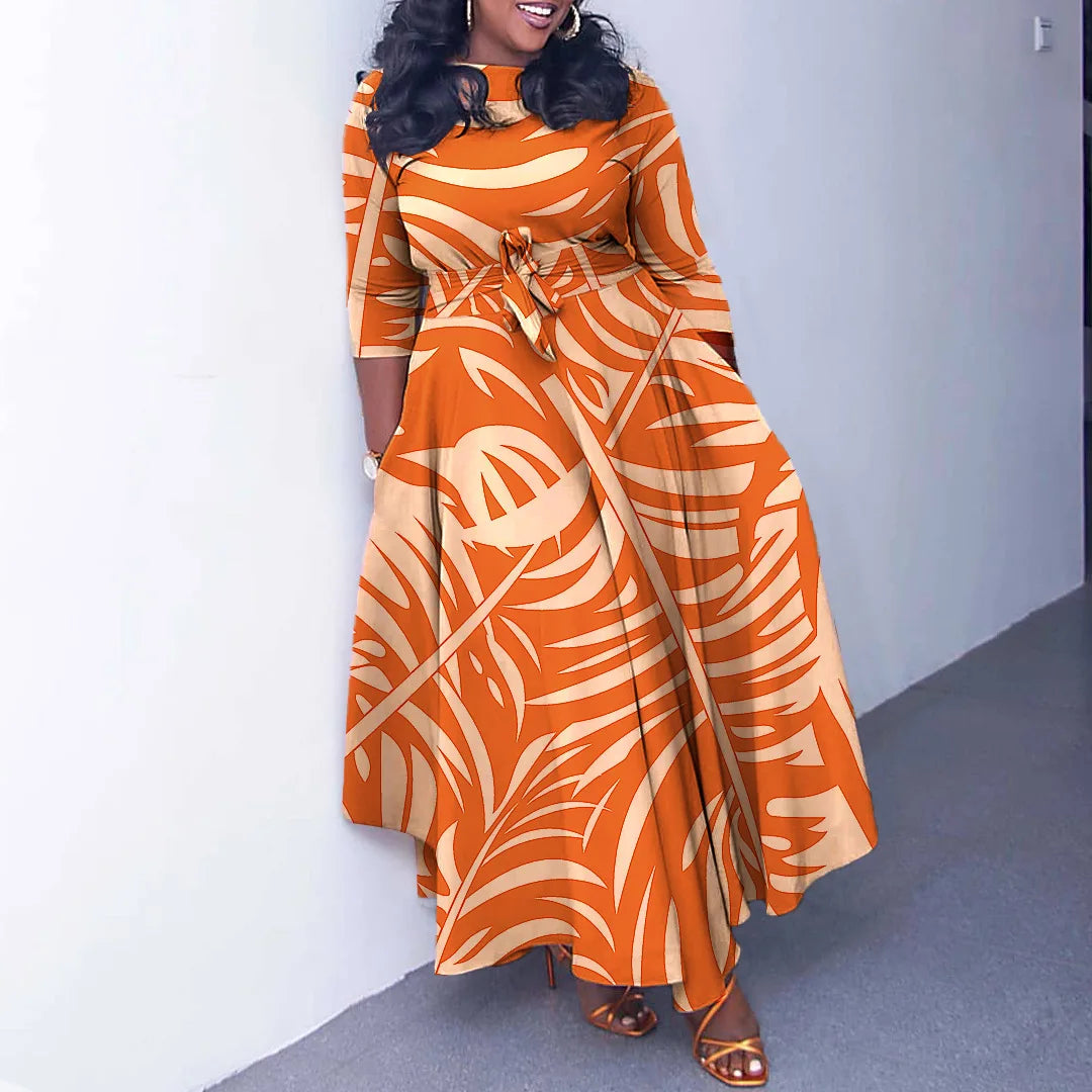 Women's 2024 Autumn New Style Fashionable Elegant Temperament Fashionable Printed Strap Waist Large Skirt Large Size Dress