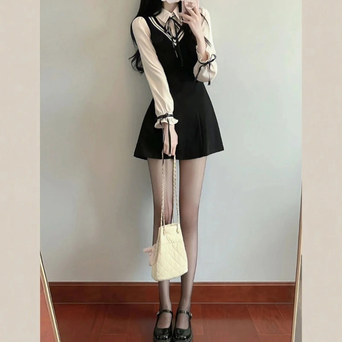 Spring Summer Fashion Fake Two Pieces Dresses Women High Street Turn-down Collar Long Sleeve Dress Elegant Button Bow Vestidos