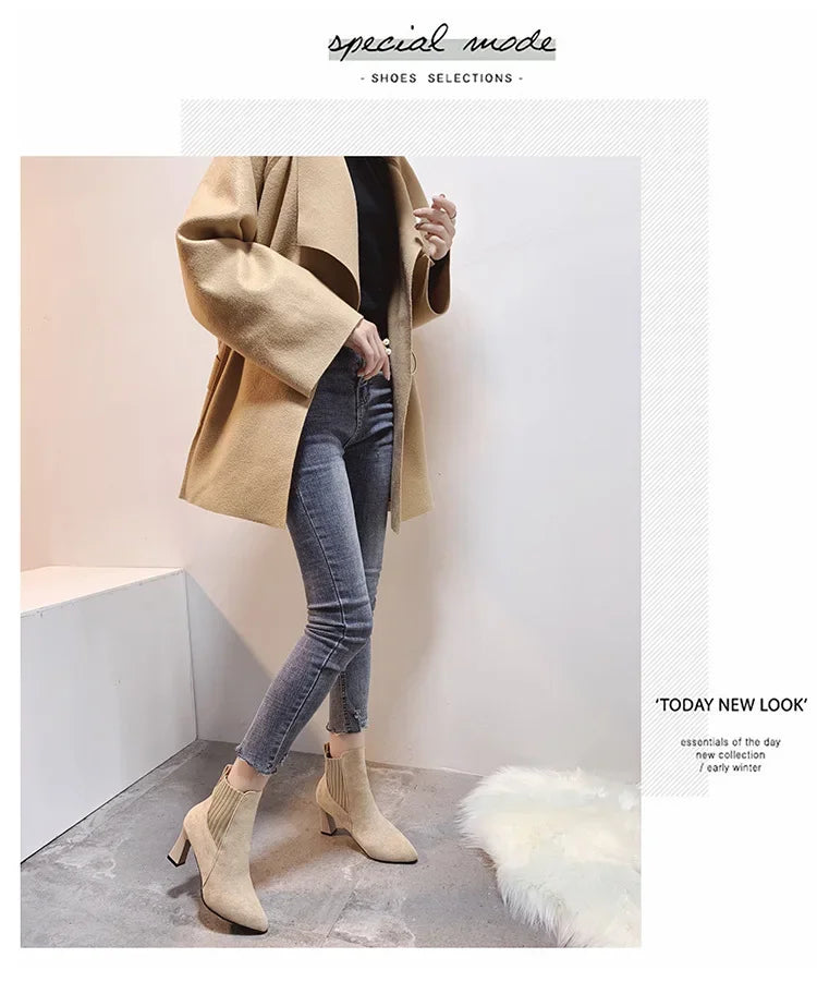 Ankle Boots Women 2024 Autumn Pointed Toe Knitted Warm Elastic Women's Shoes Casual High Heels Platform Boots Botas De Mujer