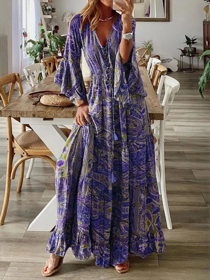 Spring Autumn Fashion Women's Dress Bohemian Style Retro Printed V-neck High Waist Bell Sleeve Loose Casual Floral Long Dress