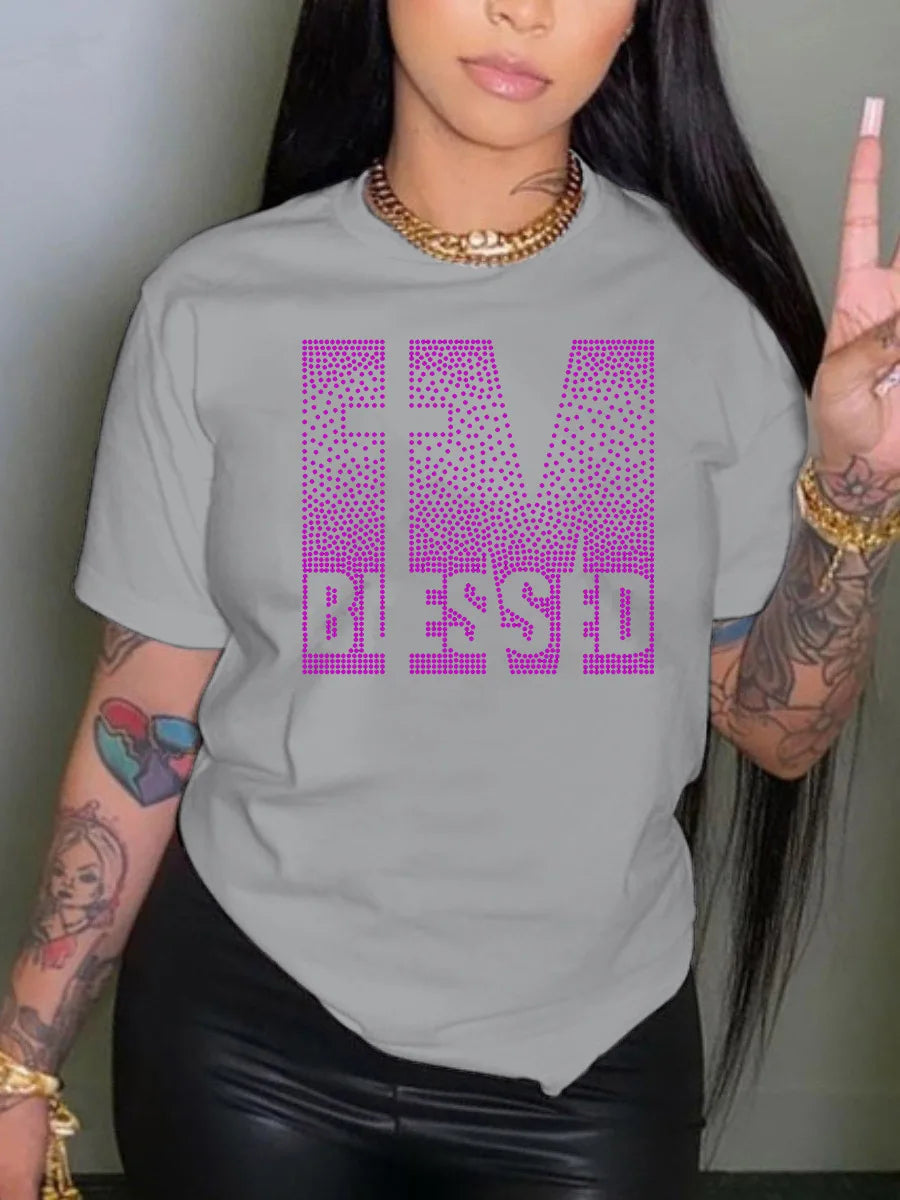 LW Women's Plus Size T-Shirts Letter Graphic Short Sleeve T-shirt Tee Women Casual Rhinestone Decor Tops Summer Women's Clothing