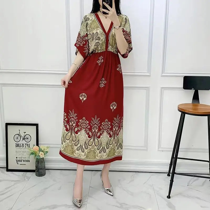 Spring New In Women's Dress V-Neck Short Sleeve Dress Elegant Sweet Print Dress Casual Retro Boho Elastic Waist A-Line Dress