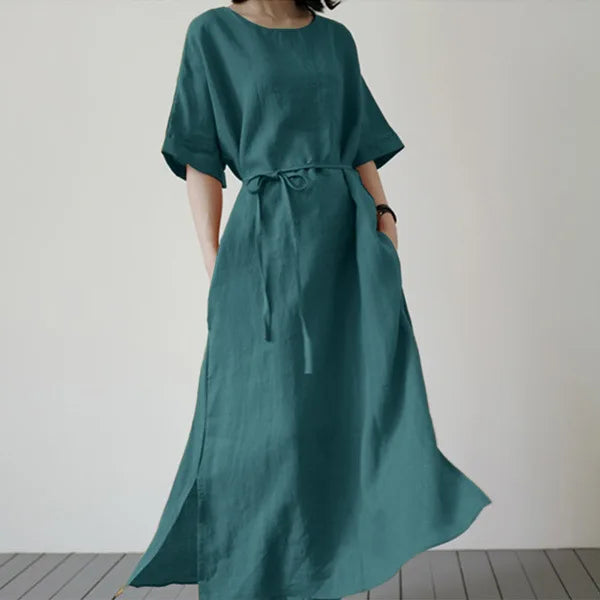 Spring Summer Women's Long Dresses Fashionable Split Hem Skirts Short Sleeves Casual Waistbands Cotton Linen Dresses For Women