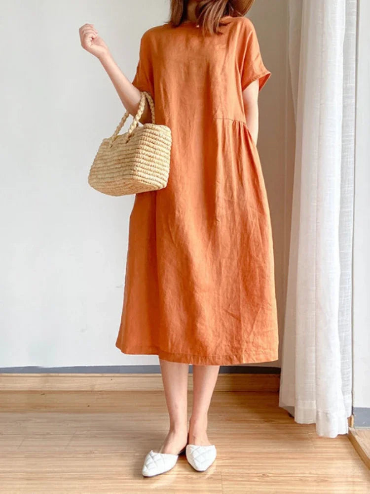 New in Spring Summer Women's Dress Elegant Casual Loose Short Sleeve Tops A-LINE Oversize Solid Midi Dresses for Women Clothing