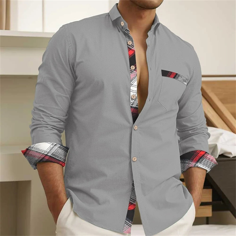 Men's button up shirt, black and white solid color, long sleeved striped cuffs, lapel collar, daily vacation pocket, fashionable