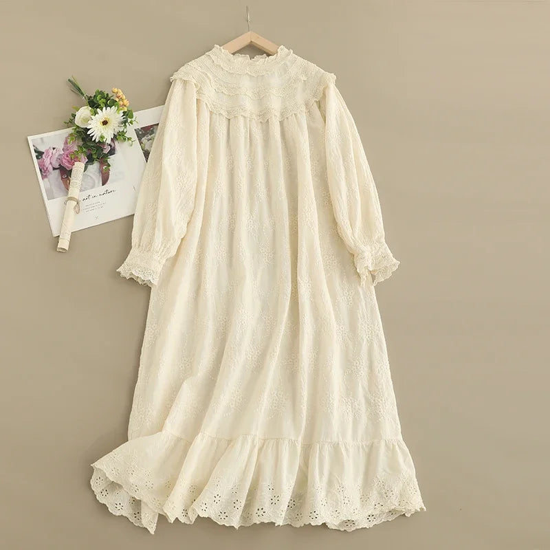 Spring Sweet Mori Girl Hollow Out Embroidered Dress Women Harajuku Long Sleeve Casual Midi Dresses